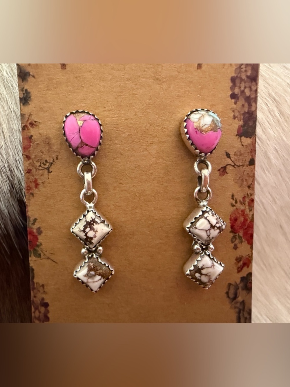 ❤️ Wild Horse Jasper & Cotton Candy Turquoise Post Back Dangle Sterling Earrings - Picture 3 of 15